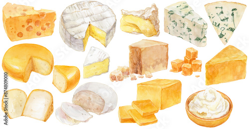 たくさんの種類のチーズ　水彩イラストセット　白い背景に孤立したイラストたち