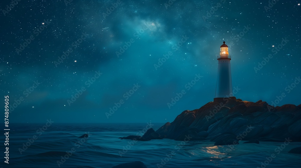 Lighthouse Illuminating the Night Sky Over a Calm Sea Lighthouse Illuminating the Night Sky Over a Calm Sea