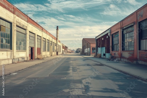 A deserted street lined with abandoned brick warehouses in an industrial area. The street is empty, with copy space on the left side © Ilia Nesolenyi