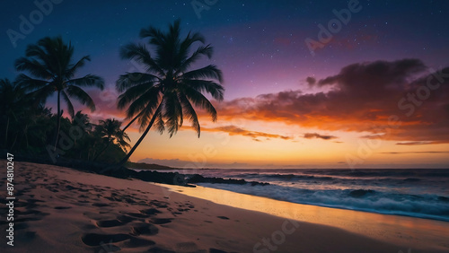 palm tree, hawaii, night, beach, tropical, island, vacation,ocean, sand, waves, ocean, paradise, 