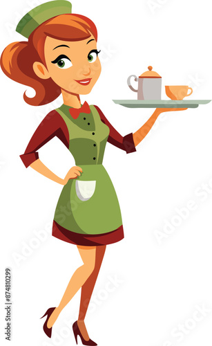 Smiling waitress holding a tray with teapot and cup