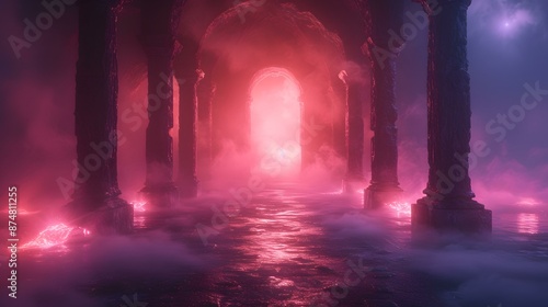 A mesmerizing image of a misty hallway illuminated with ethereal pink and blue lights, creating a fantasy-like atmosphere.