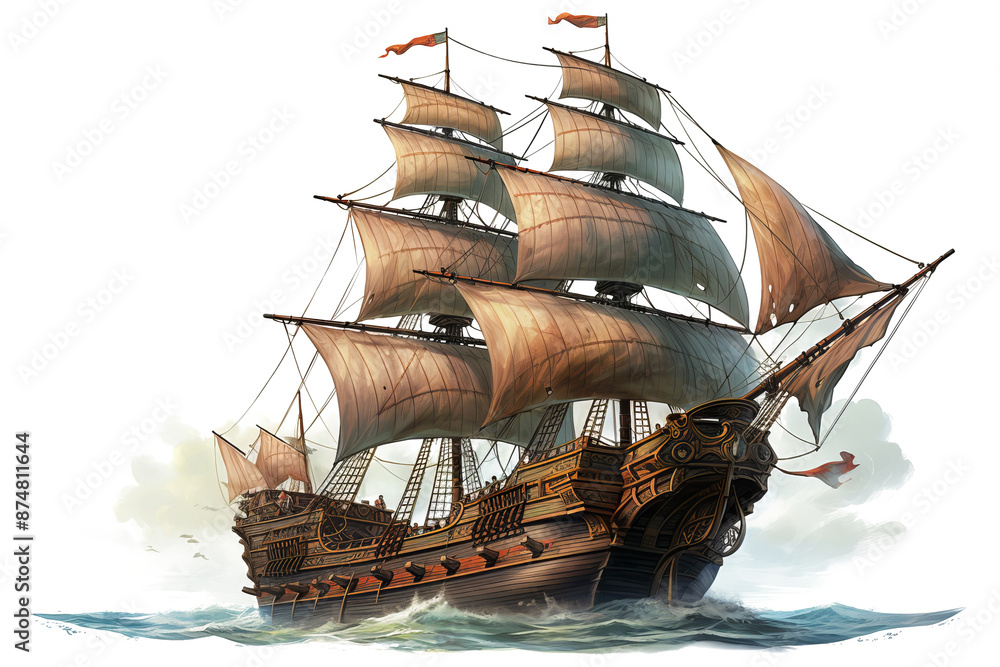 Naklejka premium Ancient pirate ship illustration in PNG style with transparent background for nautical and maritime-themed designs and projects