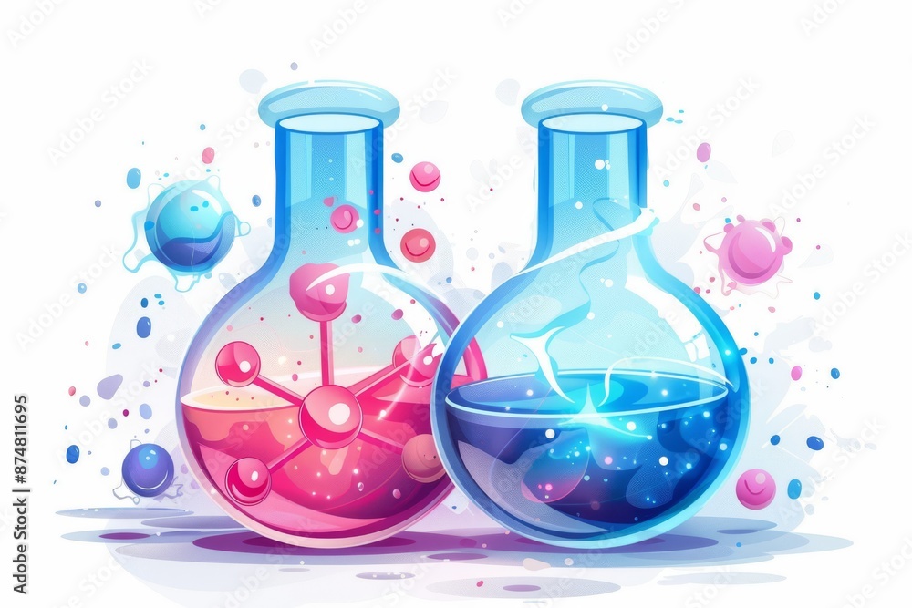Colorful chemical flasks with vibrant liquids and dynamic splashes in a modern scientific illustration Colorful chemical flasks with vibrant liquids and dynamic splashes in a modern scientific illustration