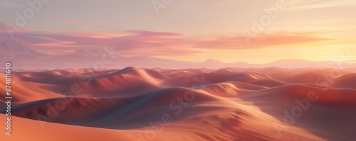 An expansive desert landscape with rolling sand dunes stretching as far as the eye can see, illuminated by the soft hues of sunset painting the sky.