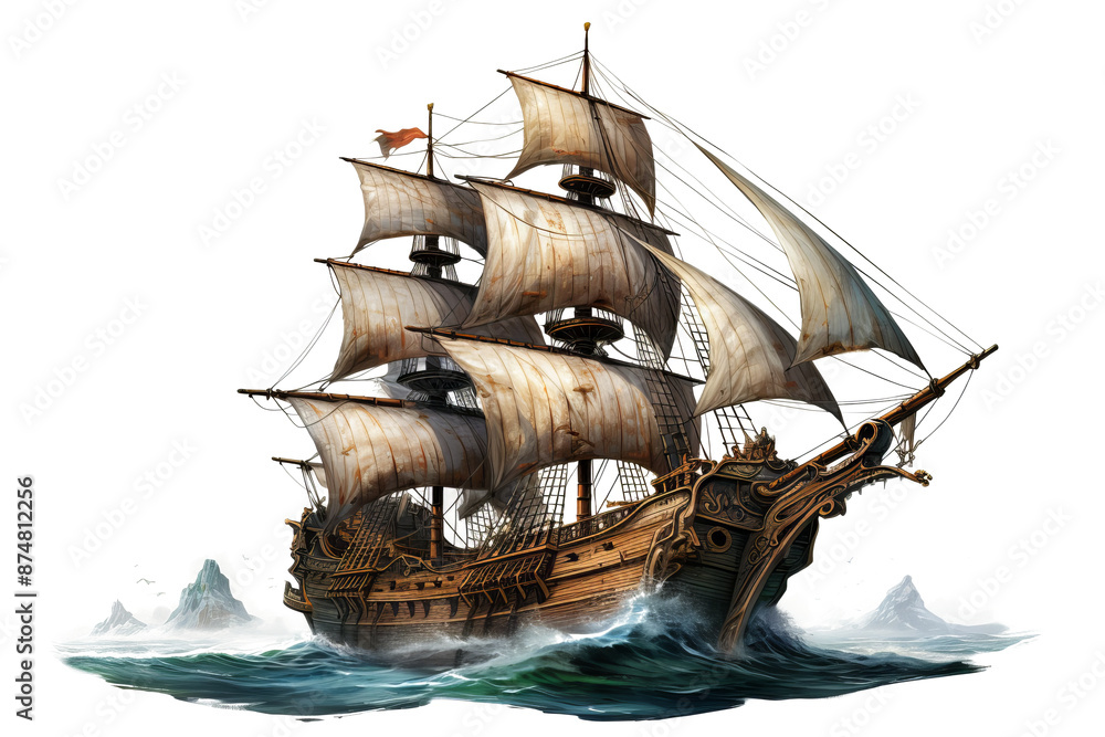 Obraz premium Realistic ancient pirate ship illustration in PNG format with transparent background for historical nautical and adventure-themed design projects