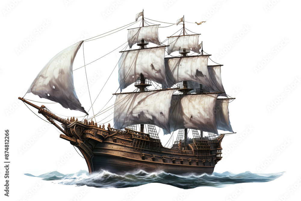 Naklejka premium Realistic ancient pirate ship illustration in PNG format with transparent background for historical nautical and adventure-themed design projects