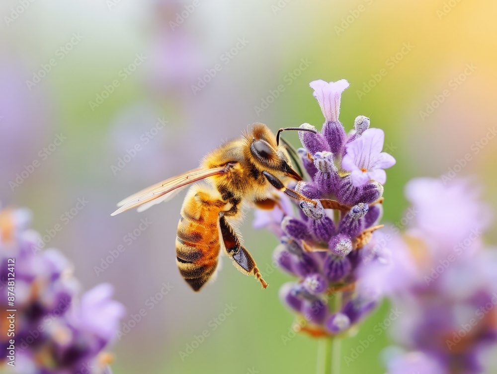 Serene Bee Pollinating Lavender Flower in Soft Garden Background Serene Bee Pollinating Lavender Flower in Soft Garden Background