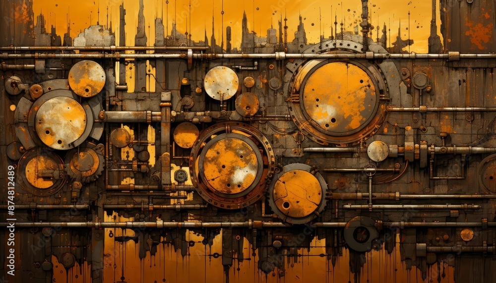 An industrial abstract illustration with elements of rust and metal, using oranges and browns to simulate aged machinery An industrial abstract illustration with elements of rust and metal, using oranges and browns to simulate aged machinery
