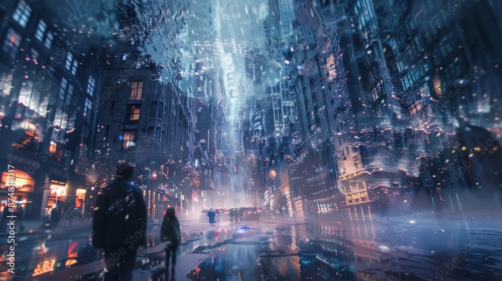 Obraz premium A surreal cityscape where buildings appear to melt into each other and the streets seem to shift and change before your eyes