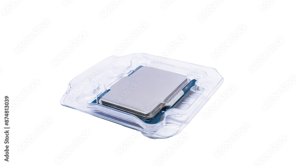 A close-up view of a computer processor in its protective packaging, showcases the intricate details of the processor chip. Computer Processor chip tray backgrounds. A close-up view of a computer processor in its protective packaging, showcases the intricate details of the processor chip. Computer Processor chip tray backgrounds.