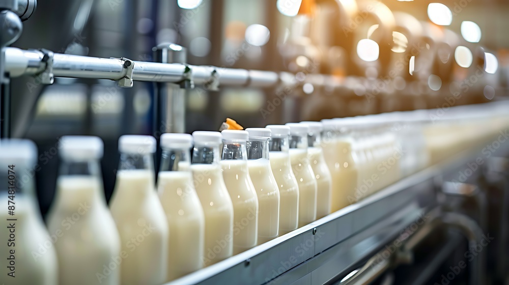 Milk bottles filling line in a dairy product factory Milk bottles filling line in a dairy product factory