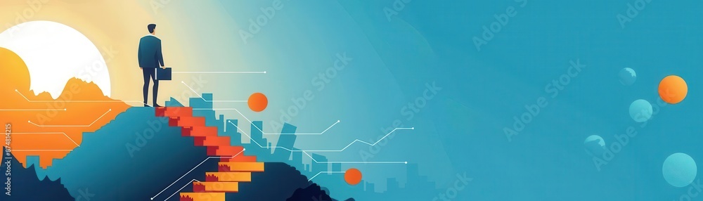 Abstract illustration of a businessman standing on steps with a briefcase, facing a bright future. Symbolizes growth and opportunity. Abstract illustration of a businessman standing on steps with a briefcase, facing a bright future. Symbolizes growth and opportunity.