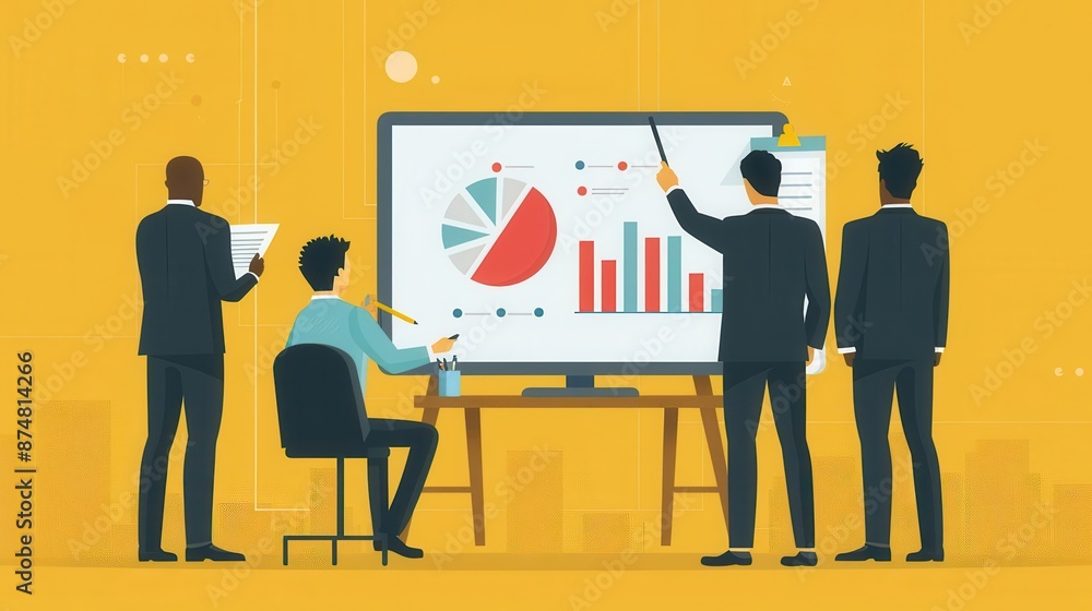 Business team analyzing data and charts on a large screen in a meeting, focusing on strategy and performance metrics. Business team analyzing data and charts on a large screen in a meeting, focusing on strategy and performance metrics.