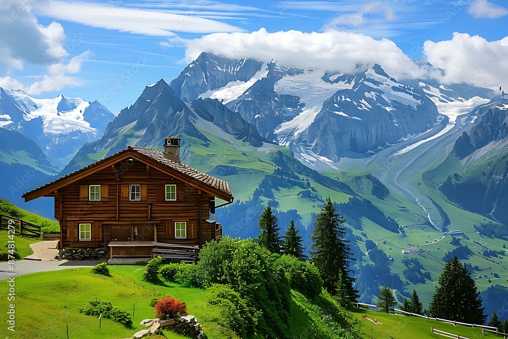 Swiss chalet nestled in the Alps, capturing the charm of Alpine architecture Swiss chalet nestled in the Alps, capturing the charm of Alpine architecture