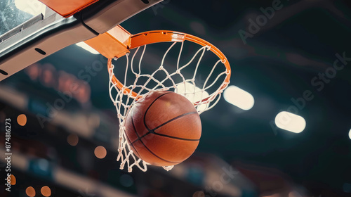A basketball is in the air, about to go through a net