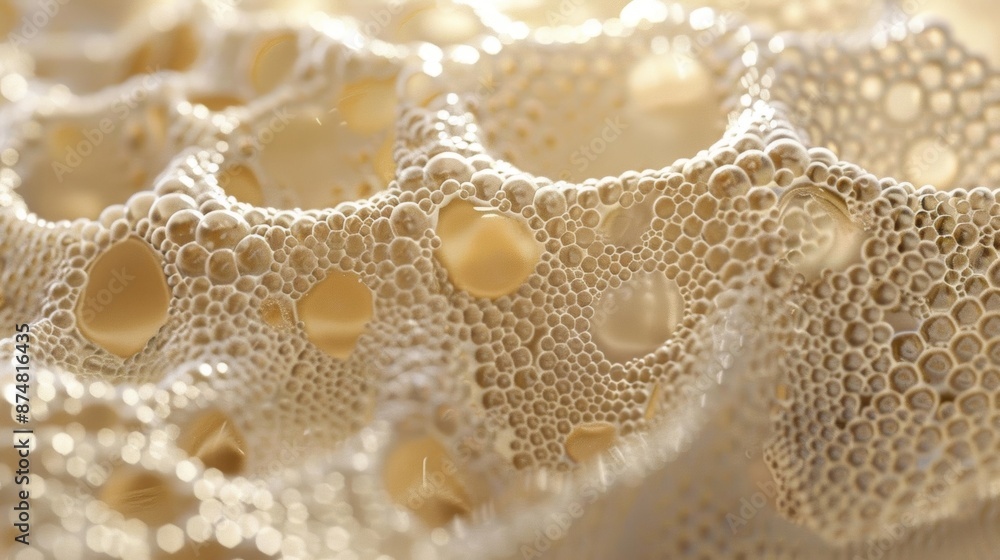 A detailed image of a bubbly textured surface showcasing the intricate network of small bubbles and the play of light on their surface A detailed image of a bubbly textured surface showcasing the intricate network of small bubbles and the play of light on their surface