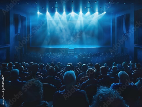 Wallpaper Mural An audience is seated in a darkened room, facing a stage, highlighted by blue stage lighting, focusing on the event or presentation. Torontodigital.ca