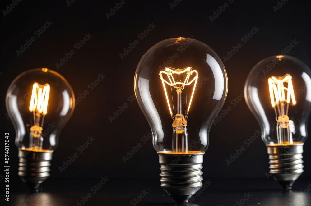 Three glowing light bulbs with warm glow against dark background Three glowing light bulbs with warm glow against dark background