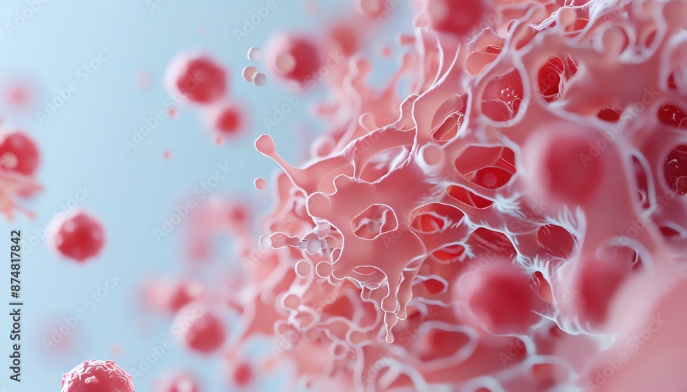 3D illustration of a cancer cell. The cancer cells are pink and the background is light blue. 3D illustration of a cancer cell. The cancer cells are pink and the background is light blue.