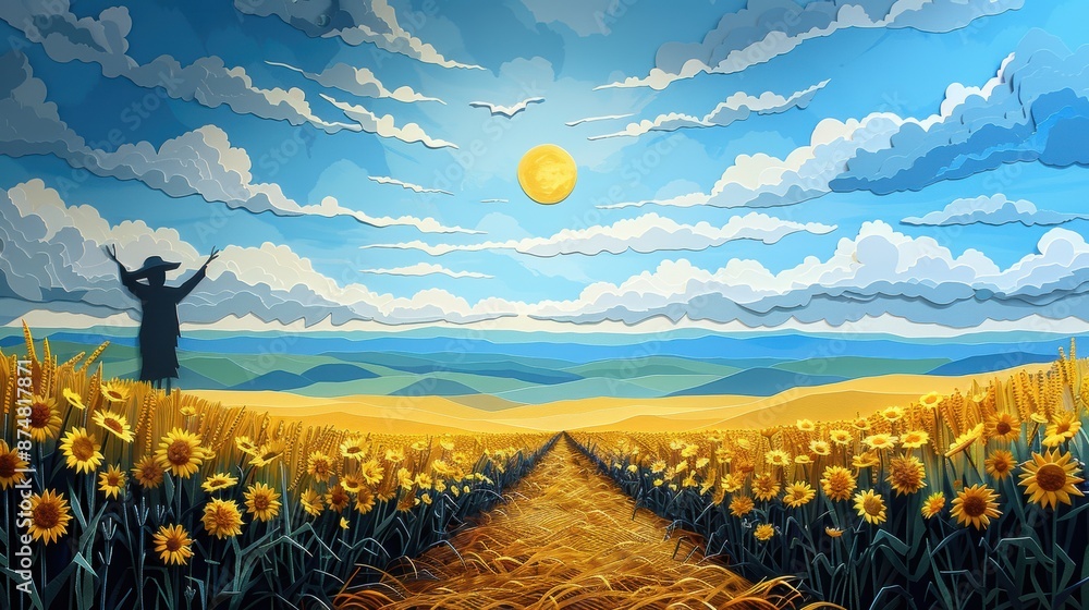 Fototapeta premium Paper cut cornfield with a scarecrow.