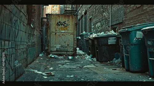 A ly quiet alleyway with dumpsters and trash cans overflowing and stained walls creating an oppressive environment.
