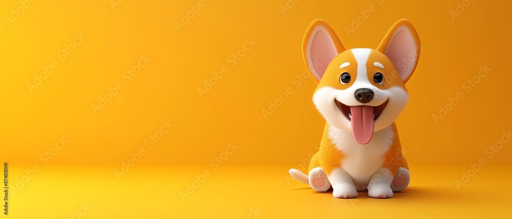 beautiful dog 3d render Cute funny kawaii fluffy cartoon yellow banner background copy space area beautiful dog 3d render Cute funny kawaii fluffy cartoon yellow banner background copy space area