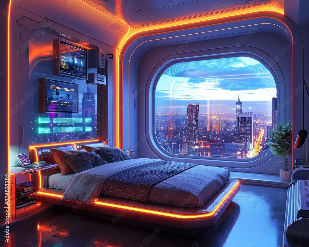 Highrise hotel room with a holographic interface for controlling room features, futuristic tech, sleek design, vibrant colors, 3D render Highrise hotel room with a holographic interface for controlling room features, futuristic tech, sleek design, vibrant colors, 3D render