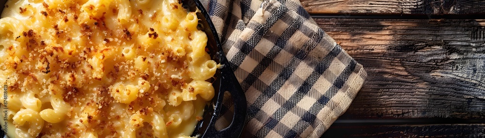 Homemade Creamy Mac and Cheese in Cast Iron Skillet with Crispy Breadcrumb Topping on Rustic Wooden Background Homemade Creamy Mac and Cheese in Cast Iron Skillet with Crispy Breadcrumb Topping on Rustic Wooden Background