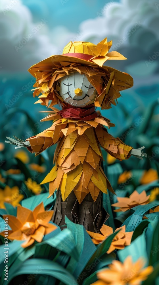 Paper cut cornfield with a scarecrow. Paper cut cornfield with a scarecrow.