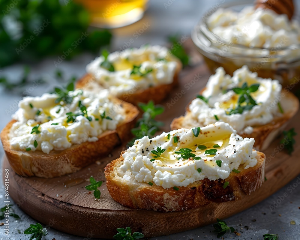 Creamy Ricotta Cheese Spread on Toasted Baguette Slices with Herb Garnish and Honey Creamy Ricotta Cheese Spread on Toasted Baguette Slices with Herb Garnish and Honey