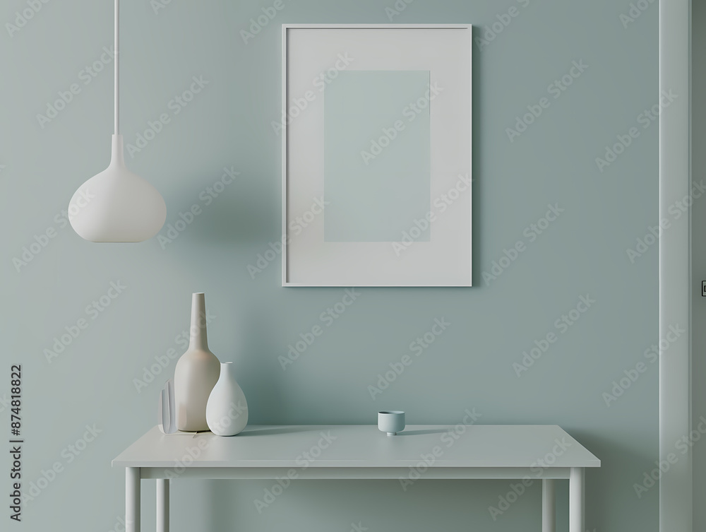 Minimalist interior with a white table, vases, and modern pendant light in a calm, muted color palette. Minimalist interior with a white table, vases, and modern pendant light in a calm, muted color palette.