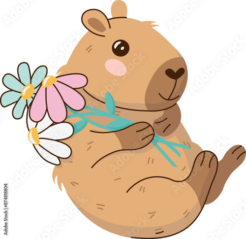 A cute and cuddly capybara character with flowers. Happy Birthday concept. Funny hand-drawn festive sticker. Vector illustration isolated on transparent background.