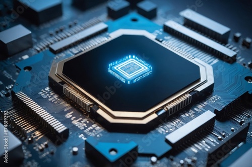 Wallpaper Mural Macro shot of central processing unit CPU processor on motherboard with glowing blue light Torontodigital.ca