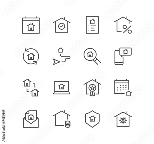 Set of real estate and house icons, loan, sale, property, money, apartment and linear variety vectors. 