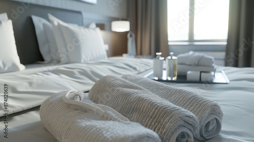 Arrangement of Hotel Amenities on a Bed in a Hotel Room