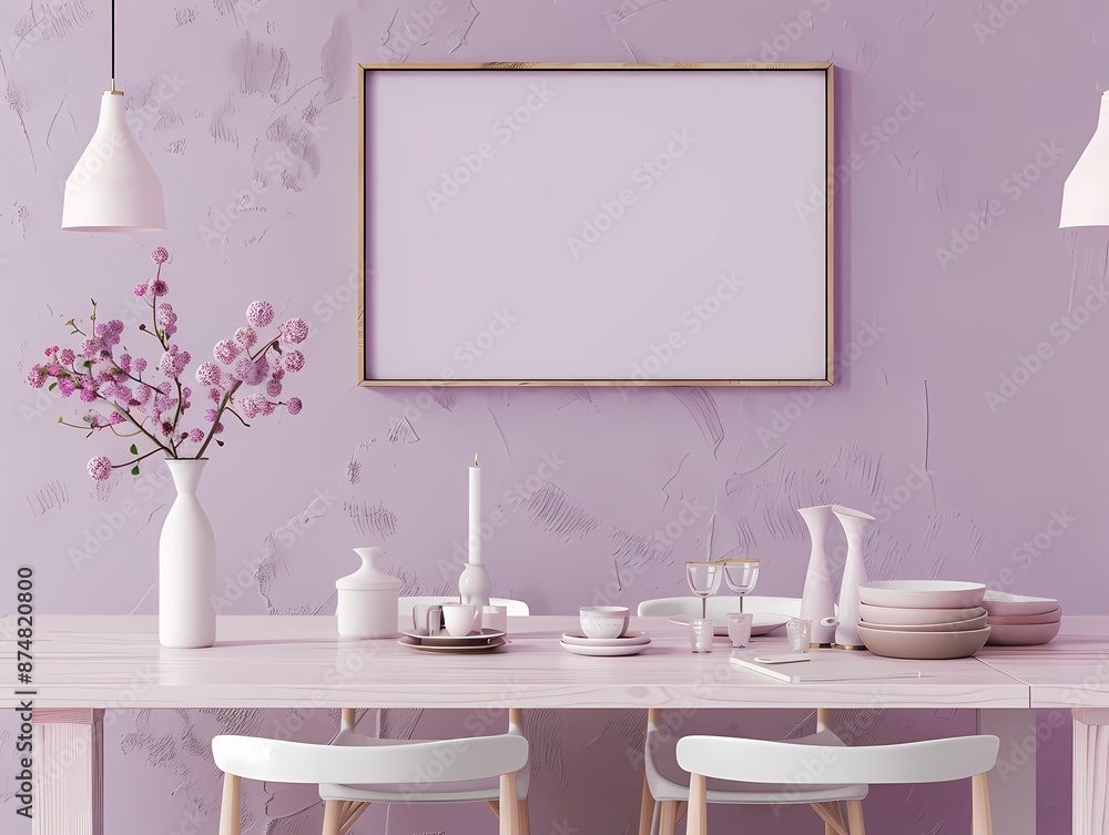 Modern dining room with pink decor, featuring an empty frame, elegant table setting, and rustic wall texture. Modern dining room with pink decor, featuring an empty frame, elegant table setting, and rustic wall texture.