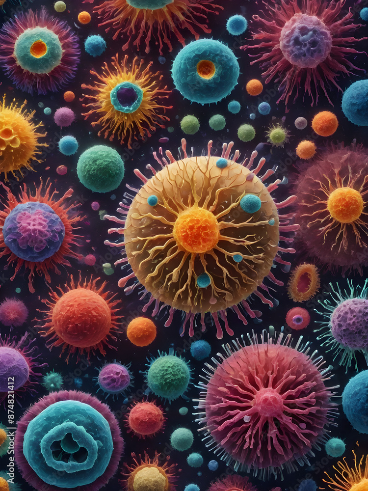 Close-up, highly detailed images of various cells, bacteria, or viruses showcasing their intricate structures and vibrant colors. Close-up, highly detailed images of various cells, bacteria, or viruses showcasing their intricate structures and vibrant colors.
