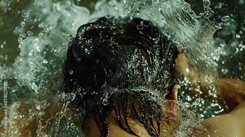 A persons back under a cold stream revealing goosebumps and raised hair follicles. photo