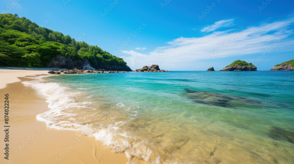 A serene paradise beach at midday, showcasing the bright blue sky A serene paradise beach at midday, showcasing the bright blue sky