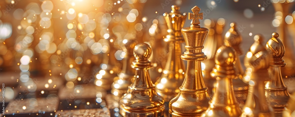 Golden Chess Pieces on Chessboard Symbolizing Strategic Financial Planning and Growth Concept Golden Chess Pieces on Chessboard Symbolizing Strategic Financial Planning and Growth Concept