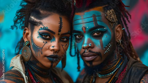 Couple of people with voodoo makeup, full-body tattoos, black African persons with Afropunk or cyberpunk voodoo face tattooed
 photo