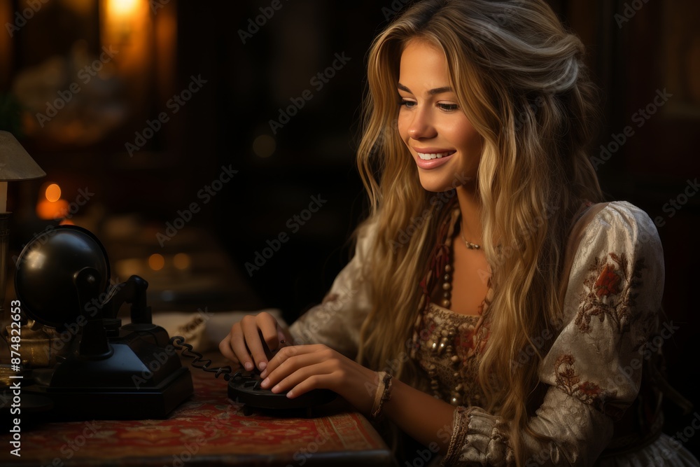 Happy young woman with a radiant smile having a conversation on a retro telephone Happy young woman with a radiant smile having a conversation on a retro telephone
