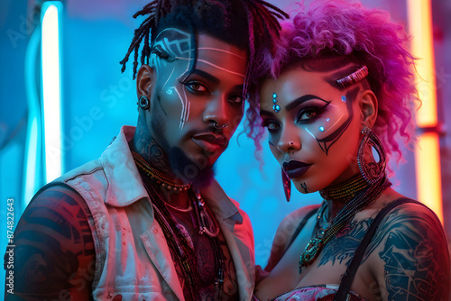 Couple of people with voodoo makeup, full-body tattoos, black African persons with Afropunk or cyberpunk voodoo face tattooed
 photo