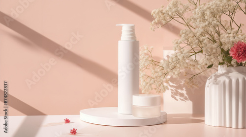 Minimalistic skincare products on white and pink table