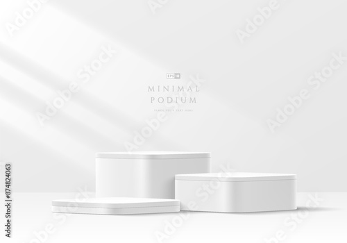 3D white round product podium set background with window lighting. Abstract composition in minimalist design. 3D studio display showroom cosmetic product pedestal, Fashion stage showcase mockup scene