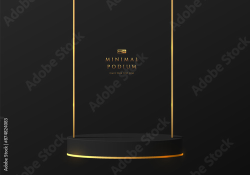 3D hanging product podium black background with gold sling. Black friday theme. Abstract composition in minimalist design. Studio display showroom product pedestal, Fashion stage showcase mockup scene