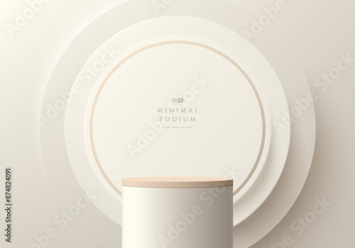 3D beige round product podium background with layers circle backdrop. Abstract composition in minimalist design. Studio display showroom cosmetic product pedestal, Fashion stage showcase mockup scene.