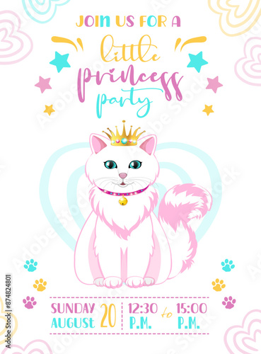 The invitation card for the birthday of a little princess with the cute white and fluffy kitty.