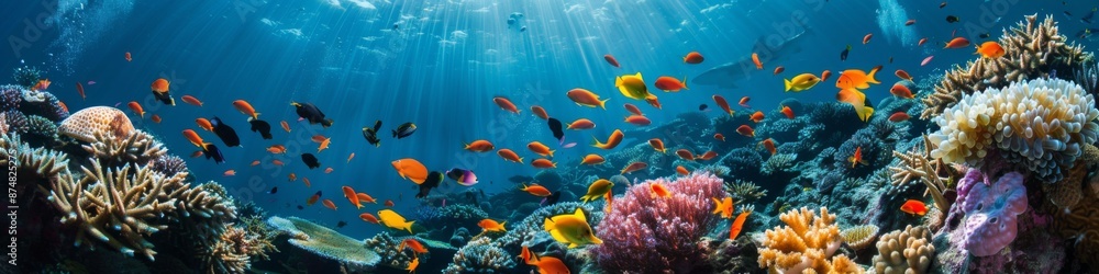 Fototapeta premium Underwater World Filled with Mysterious and Beautiful Marine Life, Showcasing Powerful and Graceful Creatures Roaming the Depths of the Ocean, Highlighting the Wonders and Mysteries of the Sea for Wor